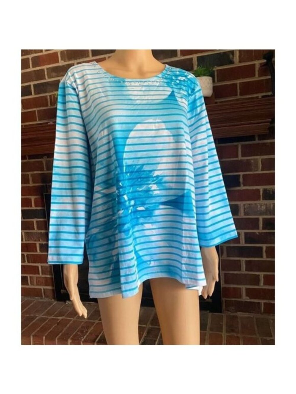 Alfred Dunner Cotton Aqua Blue Floral Stripe Top Size 1X Women blouse 3/4 Sleeve